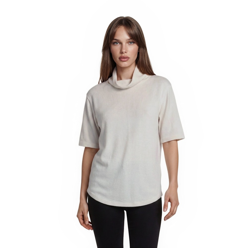 Free People Funnel Neck Top Women's Size Large White‎ Short Sleeve Waffle Knit